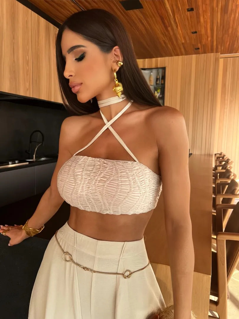 2025 Style Tassels Women Pants Set With Halter Top Sexy Fashion Off Shoulder Short Top Lady High Street Outfits Holiday Cloth