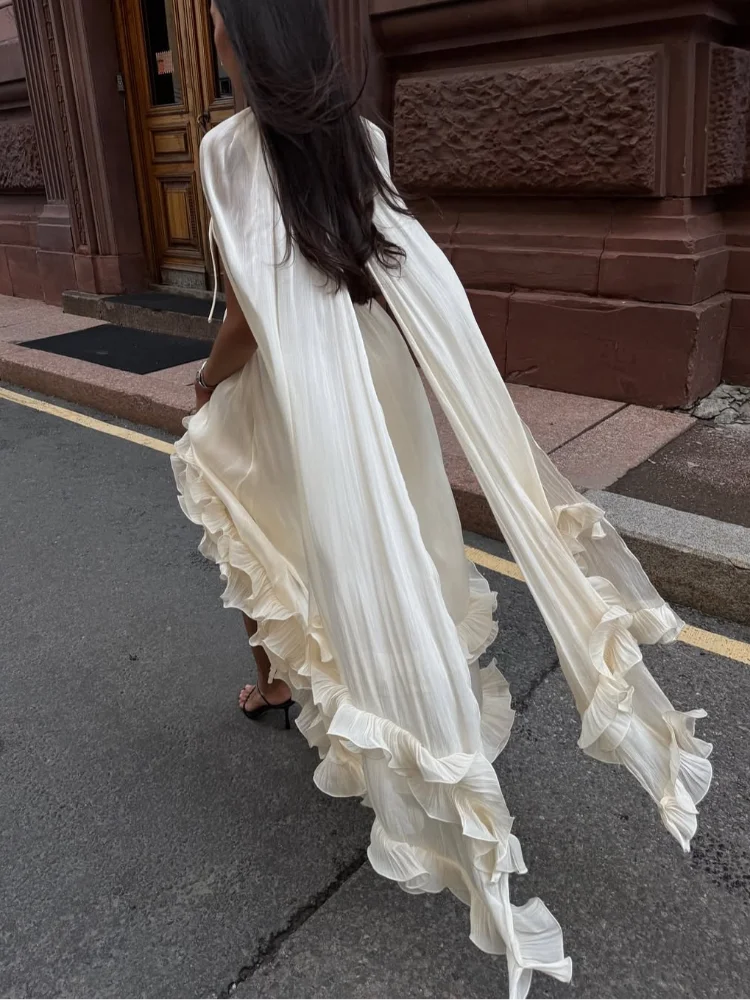 Women Solid Ruffle  Maxi Dress Fashion Lapel V-neck Sleeveless Pleated High Waist Chic Dresses 2025 Summer Lady Vacation Robes