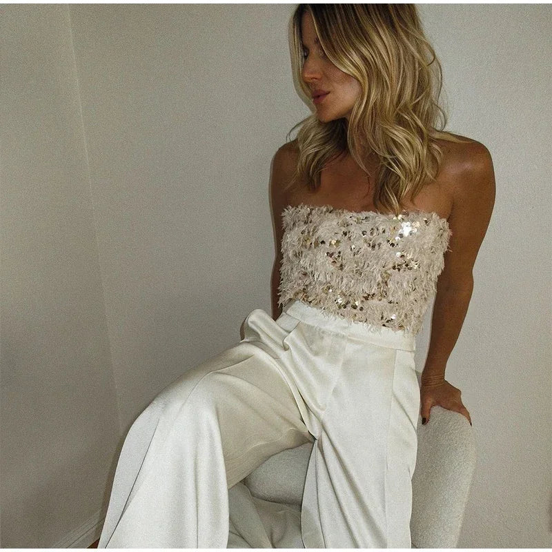 Fashion Sequins Patchwork Fur Crop Tops Sexy Strapless Chest Wrapping Vest Winter New Women's Off Shoulder Slim Club Party Tops