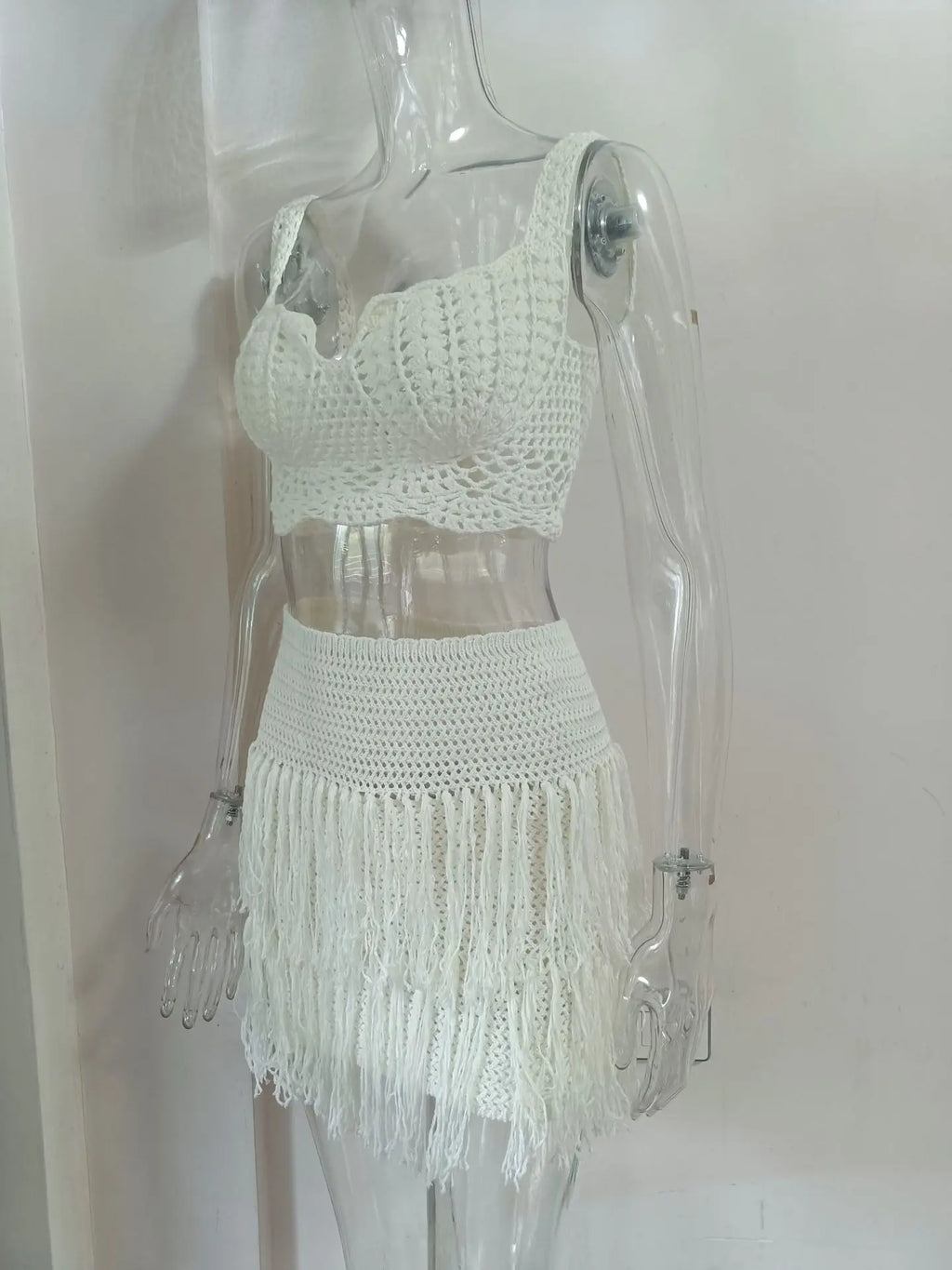 Crochet See Through 2 Piece Set Women Sexy Beach Vacation Y2K Mini Tops+Multi-Layered Tassels Skirts Matching Suits