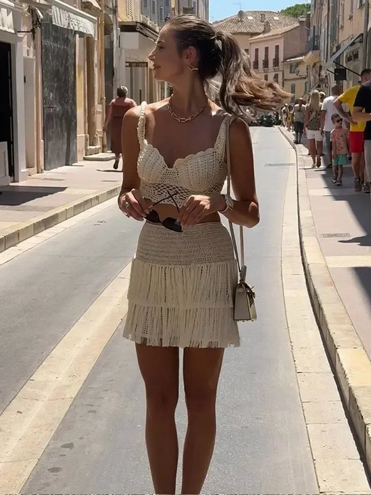 Women Tassels Patchwork Knit Skirt Set Elegant Shell Shape Backless Slim Sling Vest Suits Lady Summer Holiday Street Outfit 2025