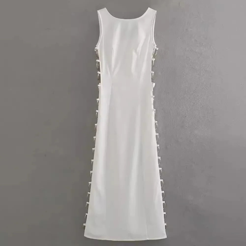 Sexy Hollow Out Iron Ring Connected Dress Women Elegant O Neck Sleeveless Maxi Dresses 2024 Spring Chic Female Party Streetwear