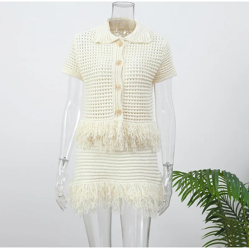 Women Tassels Patchwork Knit Skirt Set Elegant Shell Shape Backless Slim Sling Vest Suits Lady Summer Holiday Street Outfit 2025