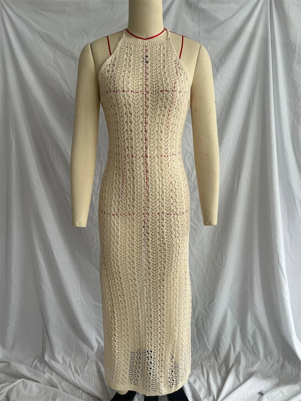 Sexy Hollow out Backless Split Long Knitted Beach Dress Strapless Halter Sleeveless Women's Dress