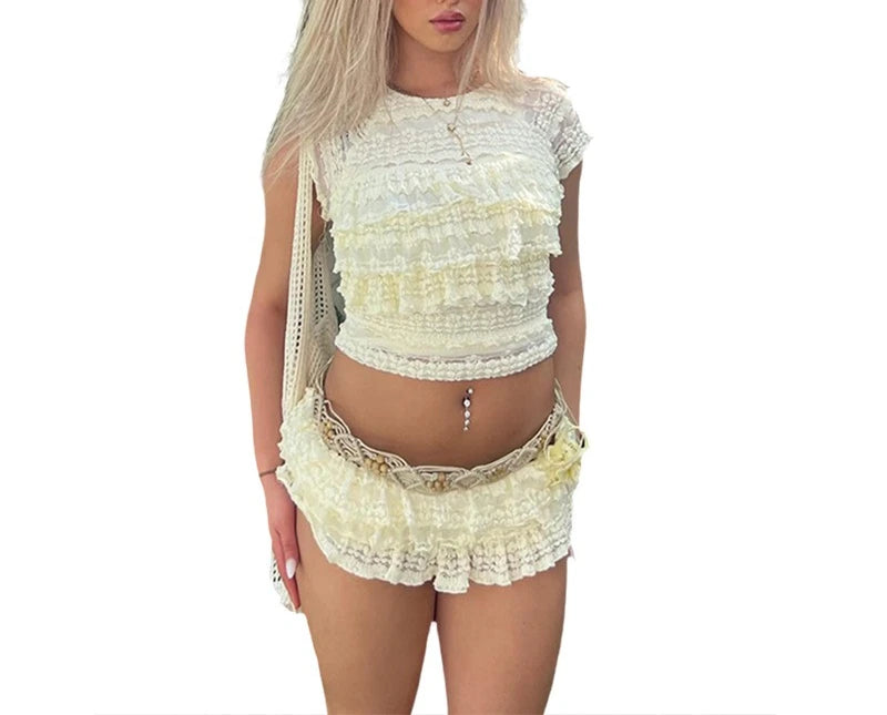 Crochet See Through 2 Piece Set Women Sexy Beach Vacation Y2K Mini Tops+Multi-Layered Tassels Skirts Matching Suits