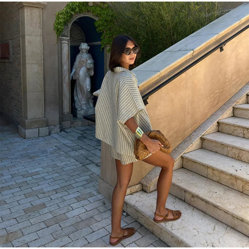 Casual Striped Lace Up Women Shorts Suits Lapel Half Sleeve Single Breasted Shirt Wide Leg Shorts 2025 Summer New Chic Lady Sets