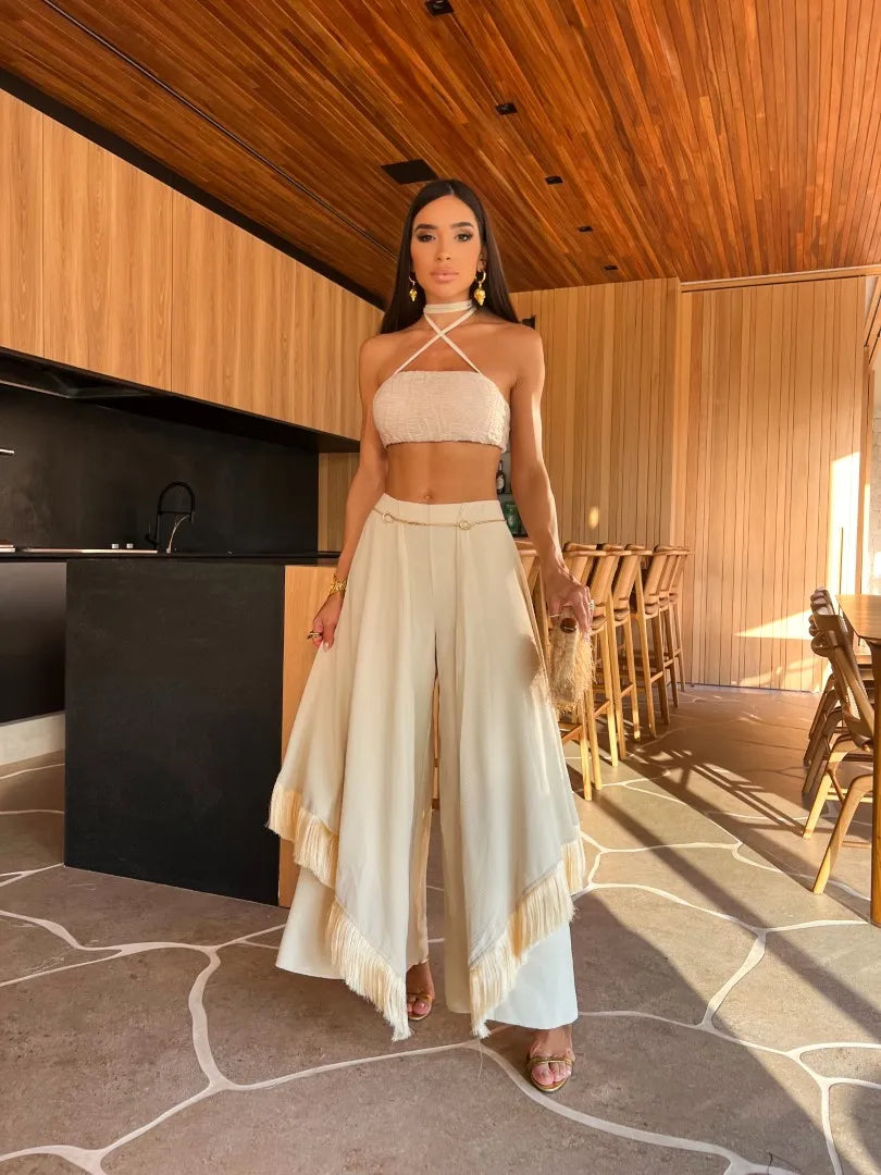 2025 Style Tassels Women Pants Set With Halter Top Sexy Fashion Off Shoulder Short Top Lady High Street Outfits Holiday Cloth