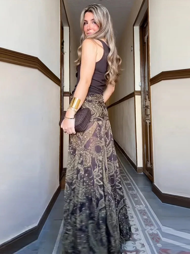 Sexy Print Asymmetric Long Skirts Women Loose High Waist Pleated A-line Skirt 2025 Summer Autumn Lady Partywear