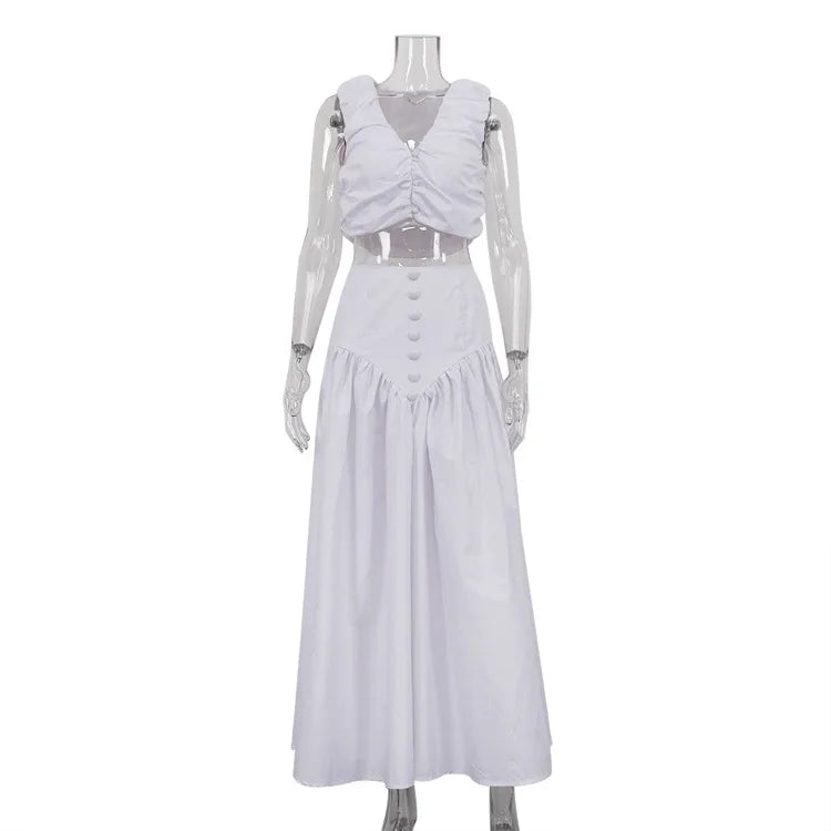 DSMTRC Fashion Long Skirt Suits Ladies Solid Outfits V-Neck Cropped Top And Patchwork White Pleated Maxi Women Skirt 2 Piece-Set