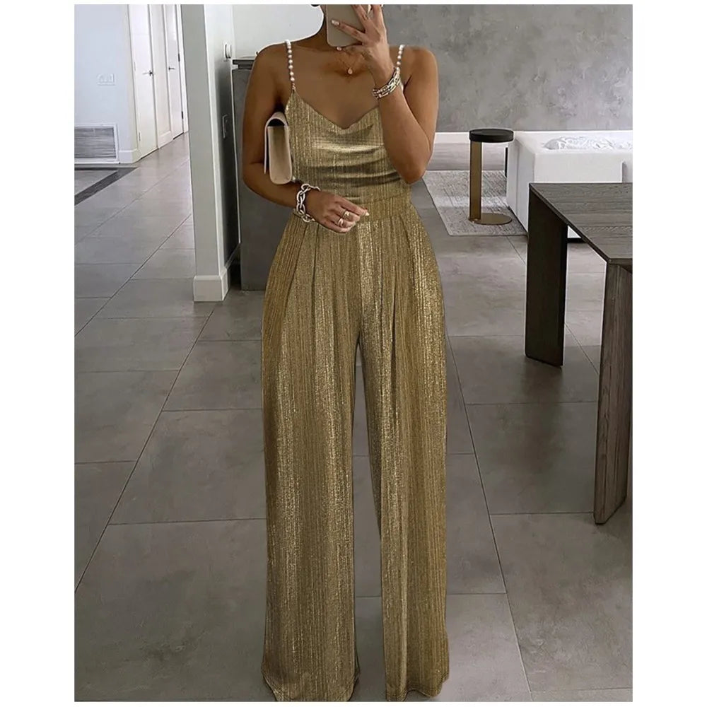 Off The Shoulder Stud Sexy Strap Women's Dinner Romper Spring Summer New Fashion Pleated Loose Straight Leg Female Long Romper