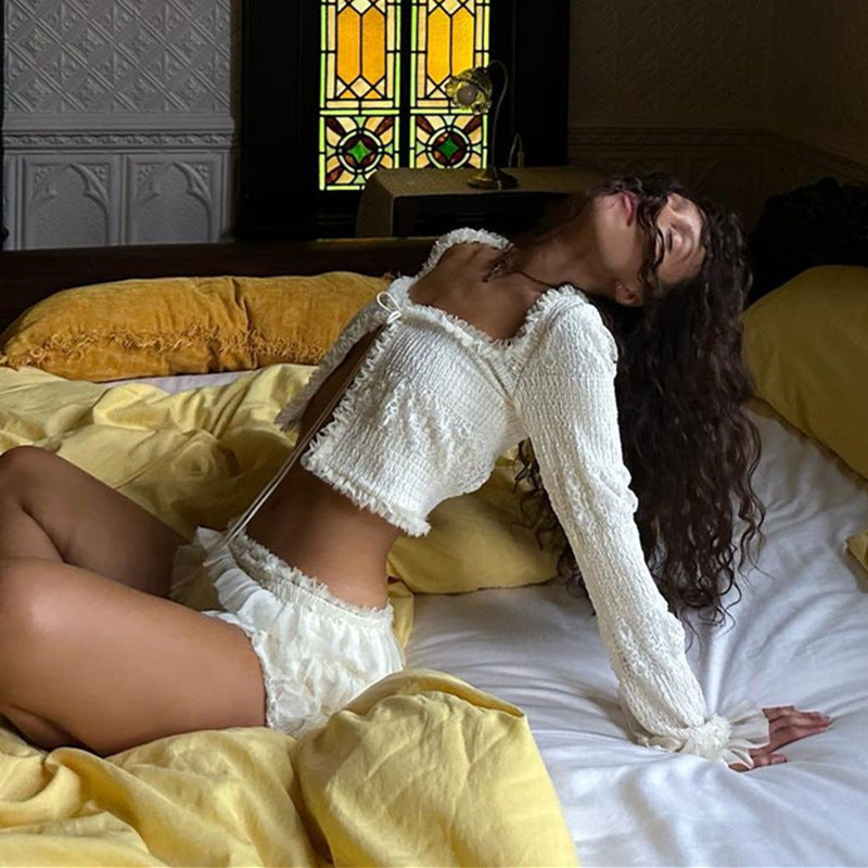 Imcute Sheer Silky Women 2 Piece Set Lace-Up Tassel Flared Sleeve Crop Top+Sexy Low-Waist Tierred Skirt Party Street Outfits