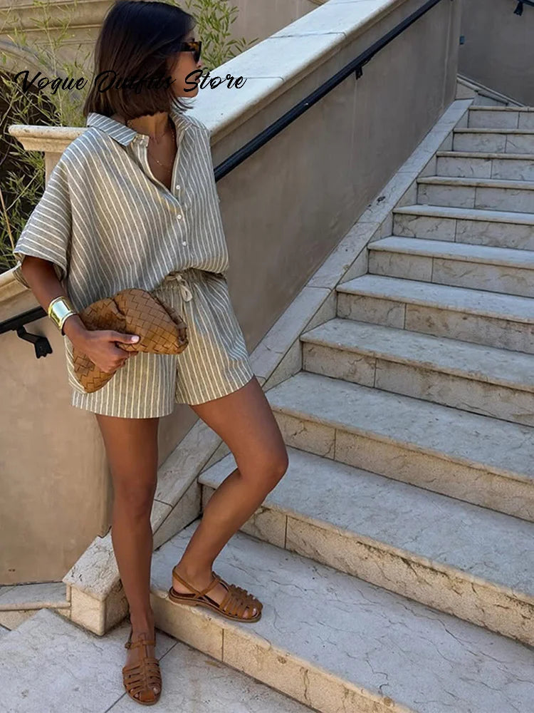 Casual Striped Lace Up Women Shorts Suits Lapel Half Sleeve Single Breasted Shirt Wide Leg Shorts 2025 Summer New Chic Lady Sets