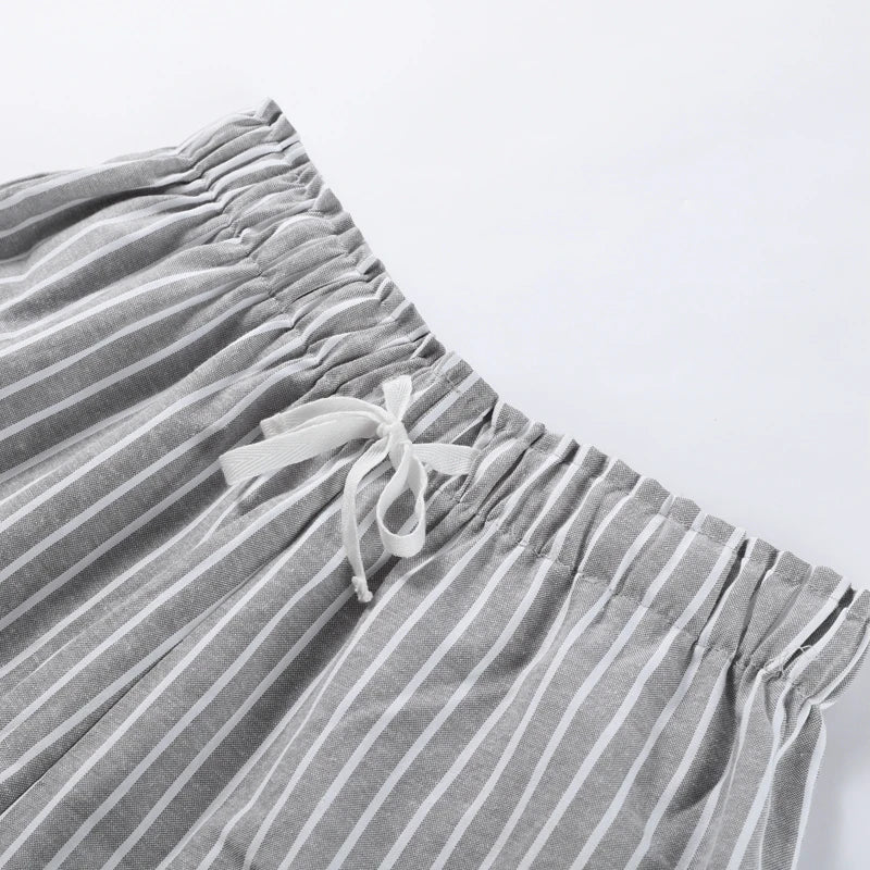 Casual Striped Lace Up Women Shorts Suits Lapel Half Sleeve Single Breasted Shirt Wide Leg Shorts 2025 Summer New Chic Lady Sets