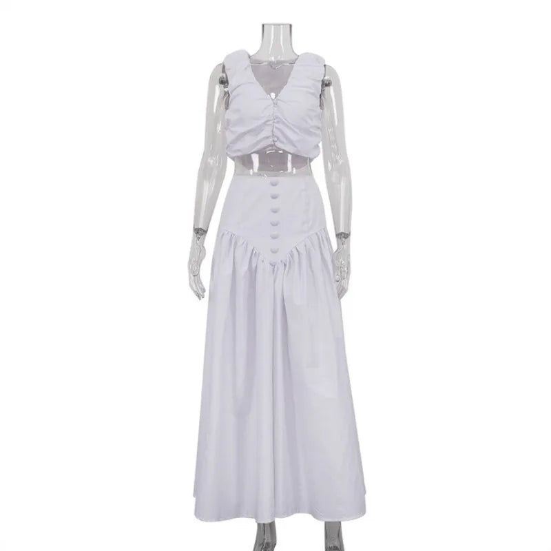 DSMTRC Fashion Long Skirt Suits Ladies Solid Outfits V-Neck Cropped Top And Patchwork White Pleated Maxi Women Skirt 2 Piece-Set