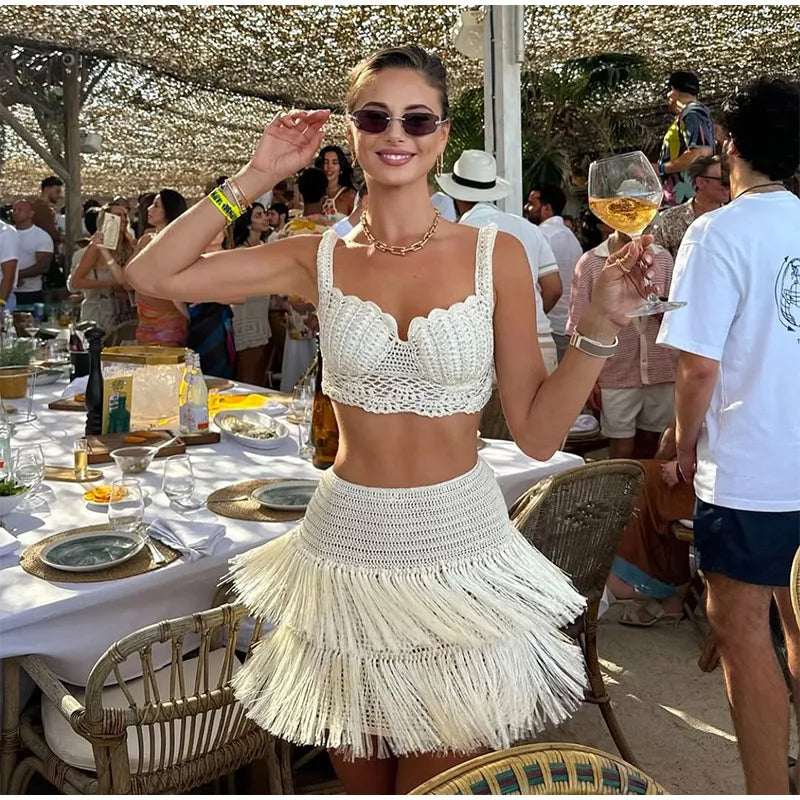 Women Tassels Patchwork Knit Skirt Set Elegant Shell Shape Backless Slim Sling Vest Suits Lady Summer Holiday Street Outfit 2025