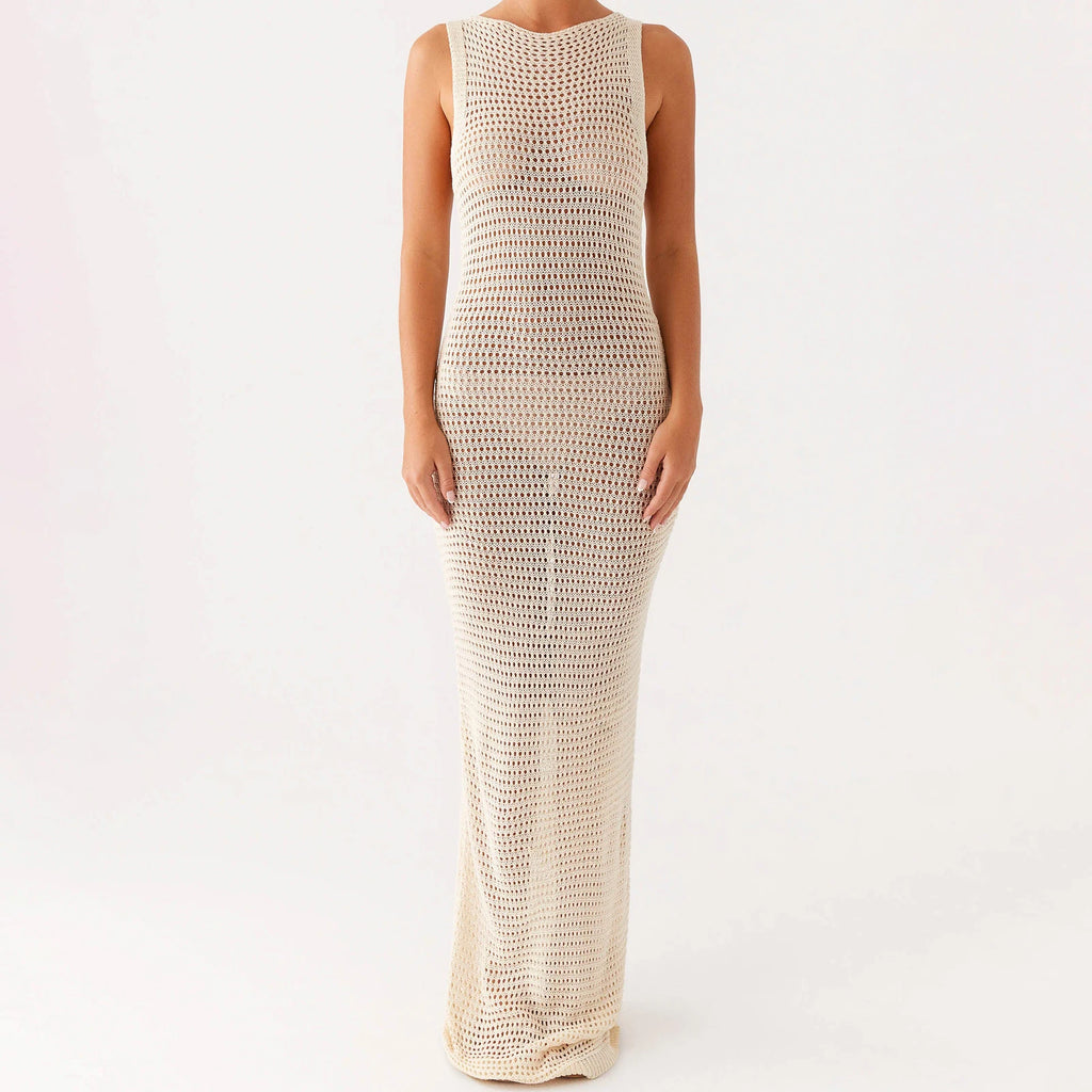 Women Crochet Beach Dress Casual Summer Cutout Backless Bodycon Party Dress Sleeveless Swimwear Cover Up Bathing Suit Vestidos