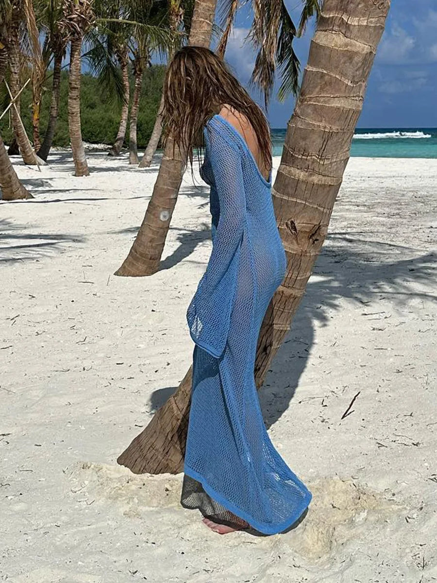 Bikini Sexy Cover-ups Long Sleeve Hollow Out See Through Maxi Knit Dress 2024 Beach Cover Up Dresses for Women Summer Outfit