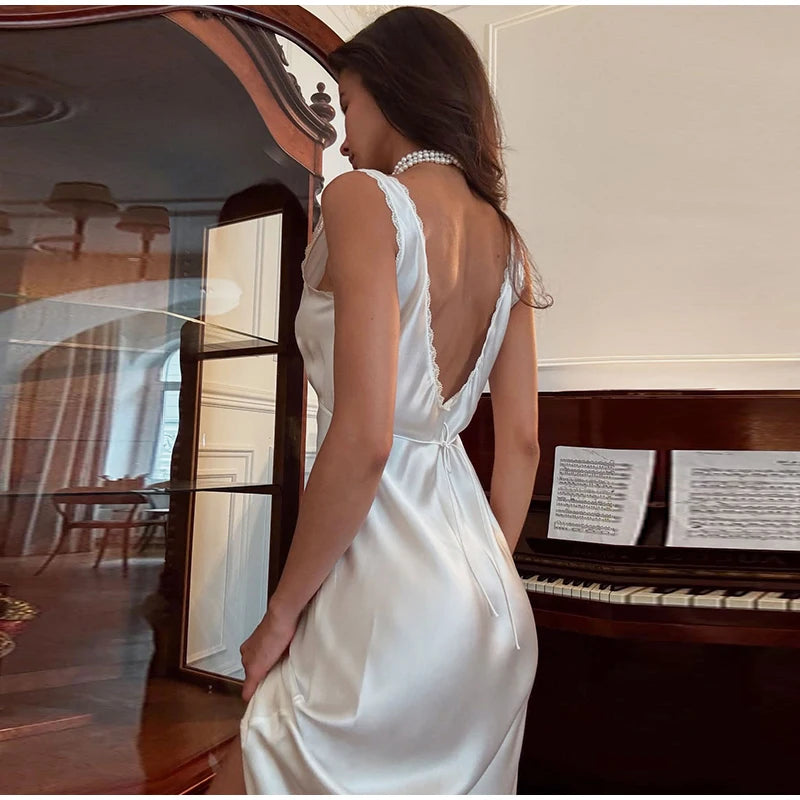 Sexy Lace Tube Long Dress For Women V-neck Sleeveless Backless Draped A-line Robe 2025 Summer Elegant Female New Party Dresses