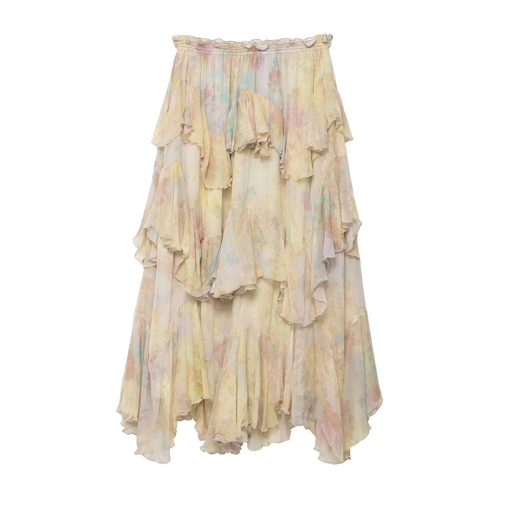 Vintage Flower Print Long Skirts Women High Waist Ruffles Chiffon Cake Skirts 2025 Autumn New Boho Chic Party Pleated Skirts