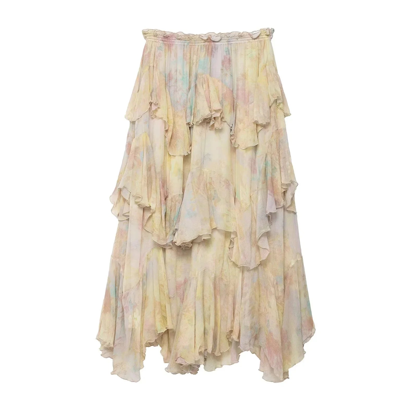 Vintage Flower Print Long Skirts Women High Waist Ruffles Chiffon Cake Skirts 2025 Autumn New Boho Chic Party Pleated Skirts