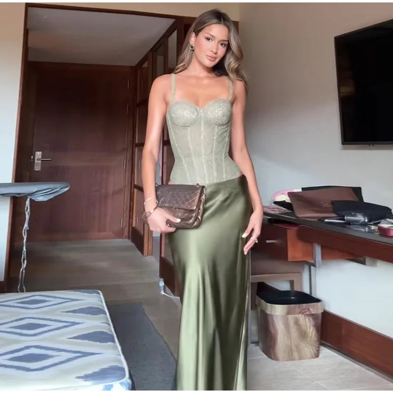 Elegant Lace Fishbone Top Long Skirt Set Women Sexy Perspective Corset Sling Tops Hip Package Skirts Sets Lady Chic Party Street