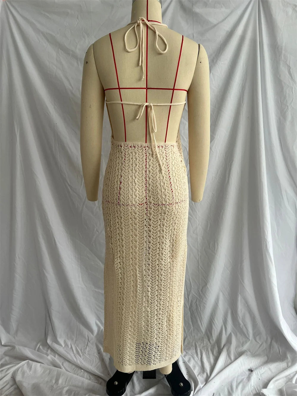 Sexy Hollow out Backless Split Long Knitted Beach Dress Strapless Halter Sleeveless Women's Dress