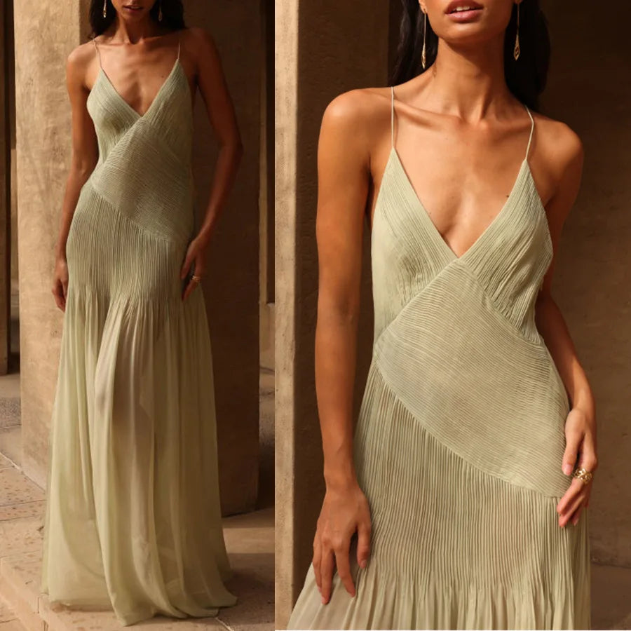 Sexy Dress Women Fashion Vintage Sleeveless Pleats Long Dresses Solid Slim Spaghetti Strap V Neck Split Spring Summer Maxi Dress