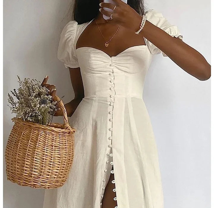 Womens Dresses 2024 Summer New Solid Color Elegant Temperament Short Sleeve Bubble Sleeves Fashion Sweet High Split Long Dress