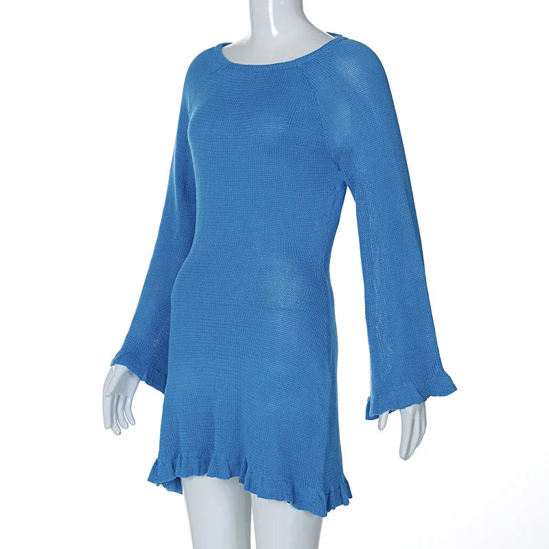 2025 Women Ins Style Sexy Backless Neck-hanging Long Sleeve Fishtail Dress Knit Beachwear Summer Swimsuit Bikini Cover-ups A2825