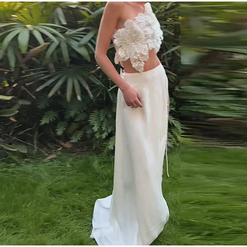 Sexy 3D Flower Vest Skirt Sets Women Slim Sequin Lace Up Crop Tops High Split Long Skirts 2025 Summer Lady Vacation Outfits