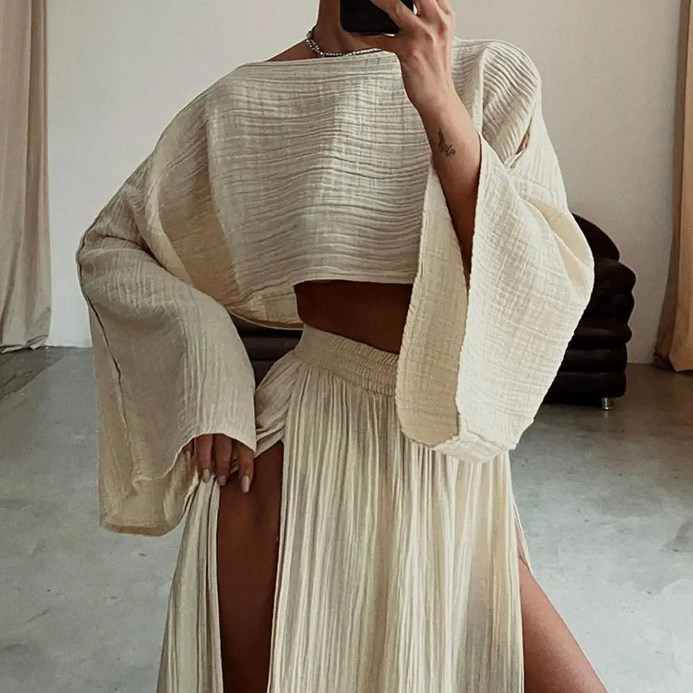Cotton And Linen Casual Two-piece Set Summer Women's Leisure Vacation Linen High Waist Split Crop Top Skirt Bikini Coverup Set
