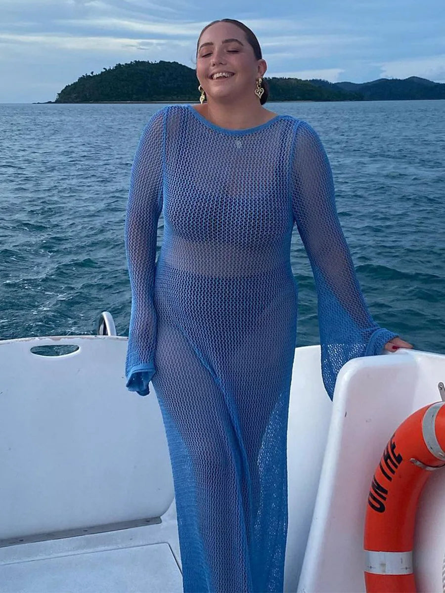 Bikini Sexy Cover-ups Long Sleeve Hollow Out See Through Maxi Knit Dress 2024 Beach Cover Up Dresses for Women Summer Outfit