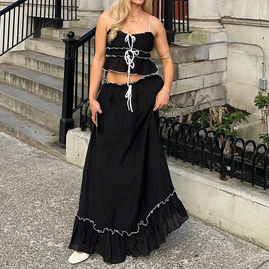 Women's Y2K  Aesthetic  2 Piece Skirt Outfits Sleeveless Ruffle Trim Camisole Long Tie Up Skirt Set