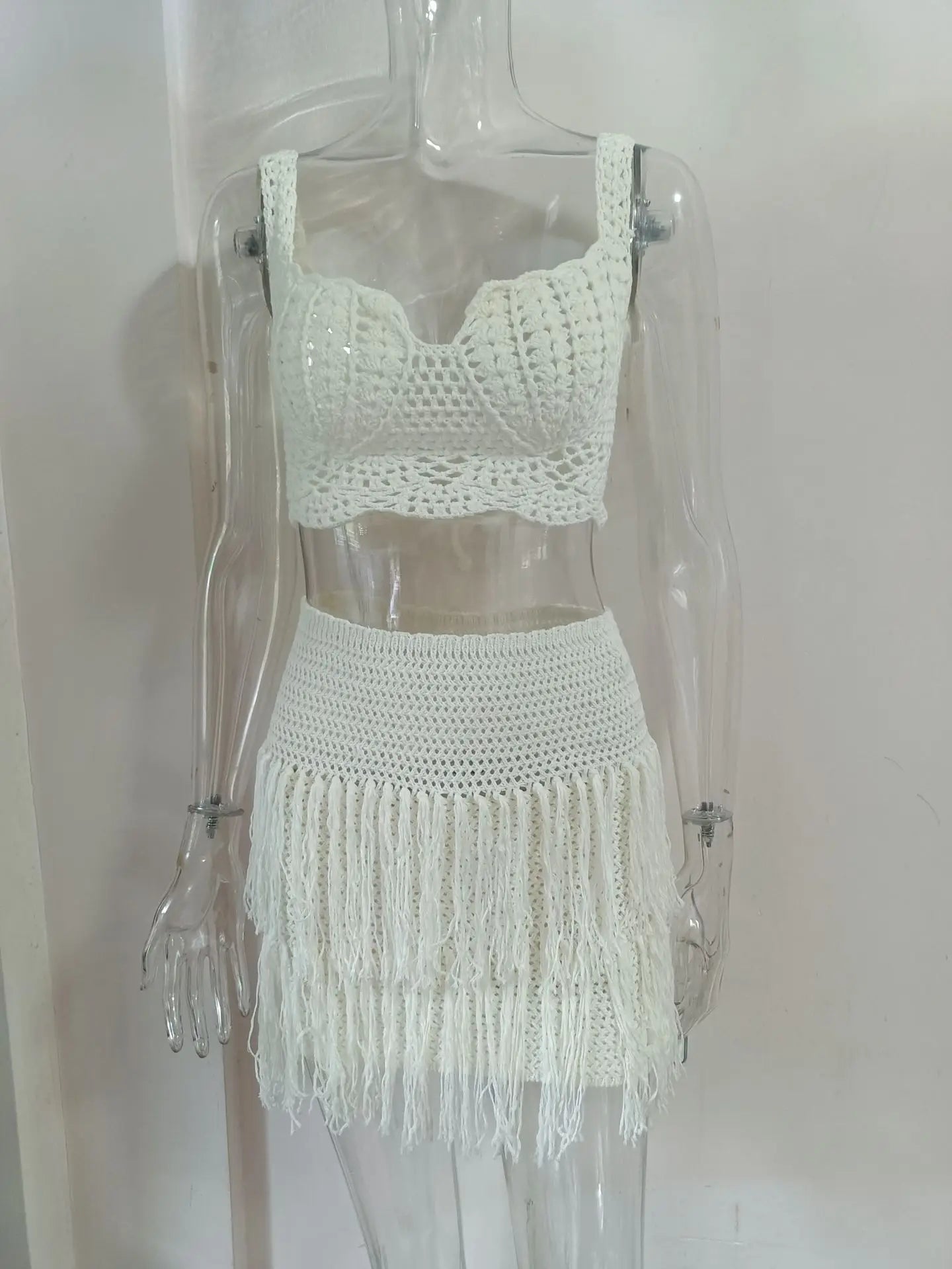 Crochet See Through 2 Piece Set Women Sexy Beach Vacation Y2K Mini Tops+Multi-Layered Tassels Skirts Matching Suits