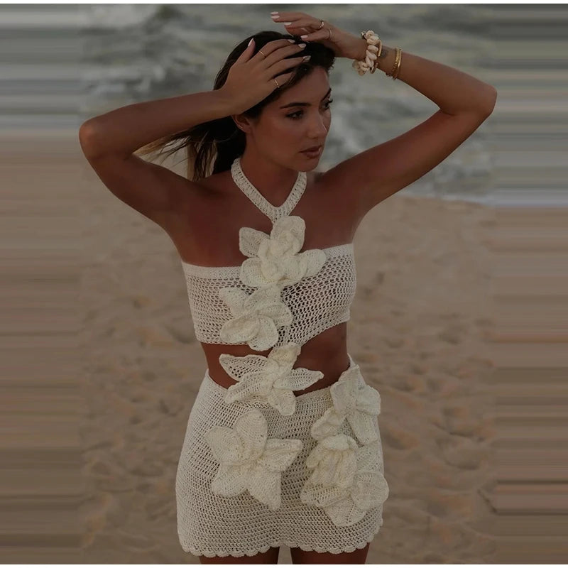 Sexy Knit Short Hollow Out Beach Dress Pearls V-neck Sleeveless Female Sling Dresses 2025 Spring Summer Lady Vacation Vestidos