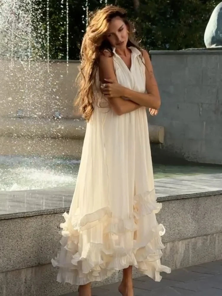 Women Solid Ruffle  Maxi Dress Fashion Lapel V-neck Sleeveless Pleated High Waist Chic Dresses 2025 Summer Lady Vacation Robes
