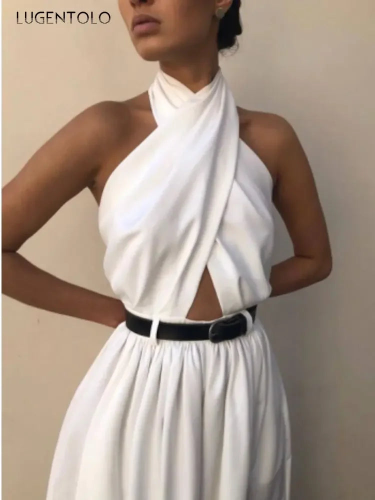 Women Sexy Backless Jumpsuits Halte Sleeveless Slim High Waist Sping Summe Thin Lady Elegant Streetwear Long Wide-leg Pants