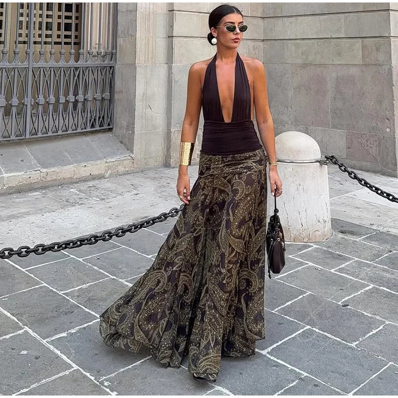 Sexy Print Asymmetric Long Skirts Women Loose High Waist Pleated A-line Skirt 2025 Summer Autumn Lady Partywear