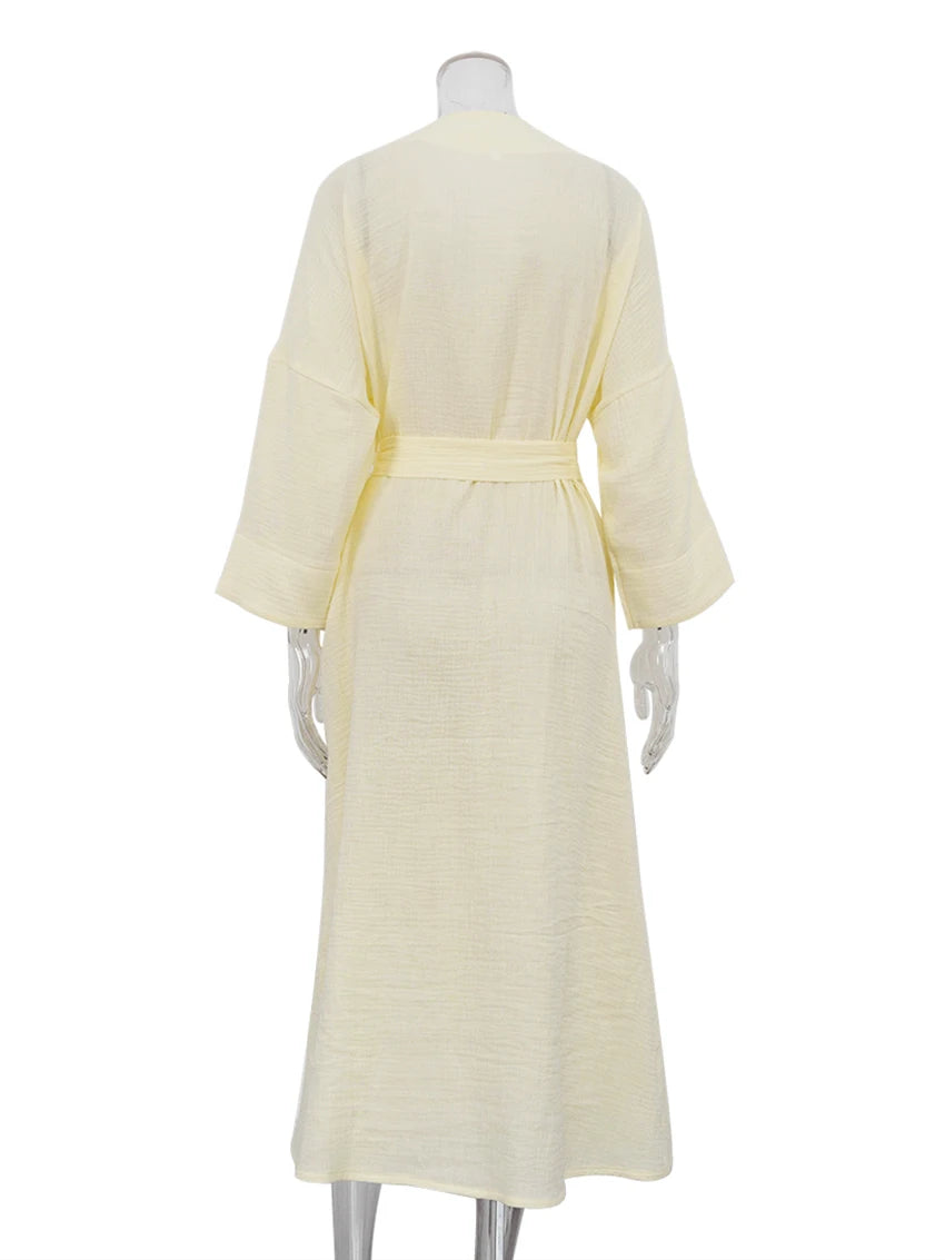 Marthaqiqi Cotton Ladies Nightgown Lace Up Robe Long Sleeve Nightwear Long Sleeve Bathrobe Mid-Calf Dress Home Clothes For Women