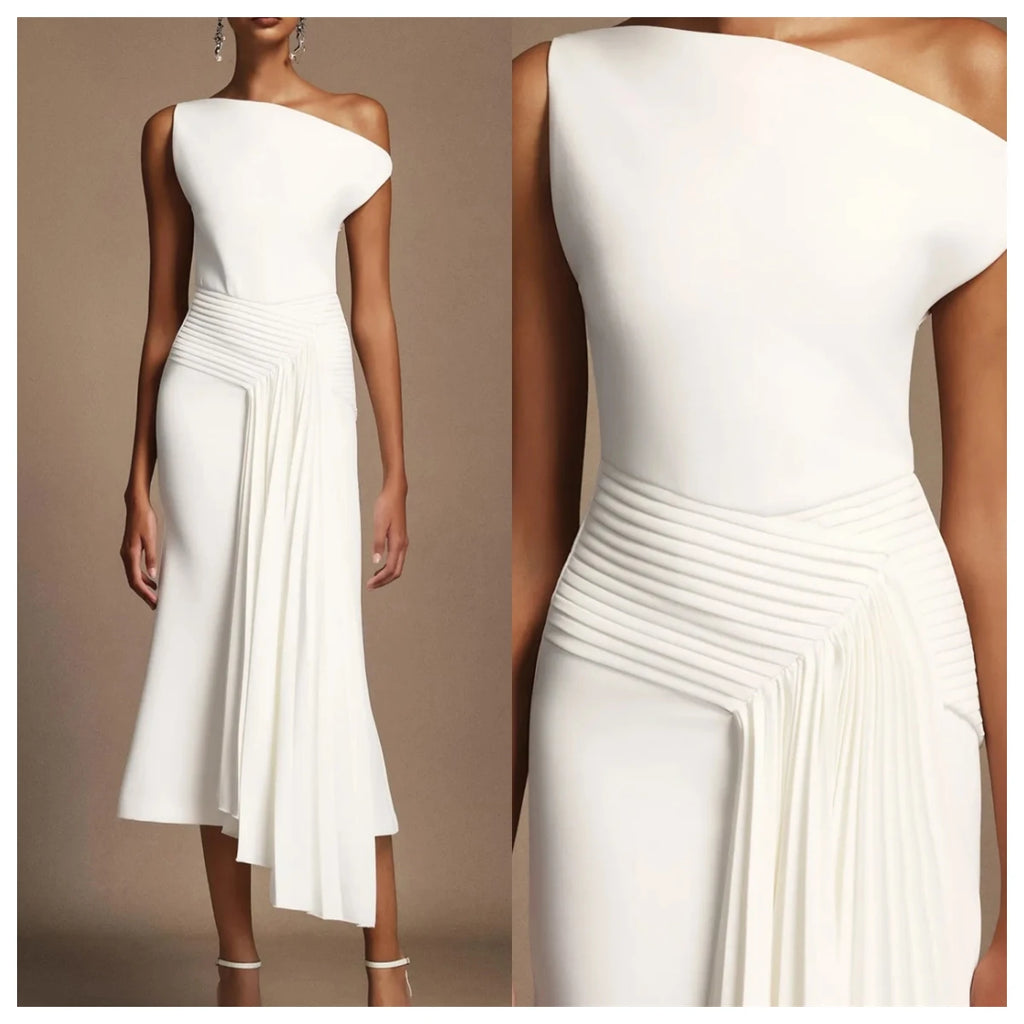 Customized Modern White Jersey Evening Dress Off the Shoulder Sleeveless Bridal Party Bespoke Occasion Gowns Zipper Back