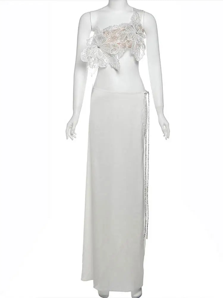 Sexy 3D Flower Vest Skirt Sets Women Slim Sequin Lace Up Crop Tops High Split Long Skirts 2025 Summer Lady Vacation Outfits