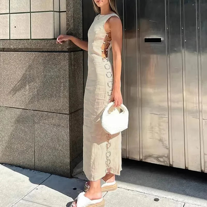 Sexy Hollow Out Iron Ring Connected Dress Women Elegant O Neck Sleeveless Maxi Dresses 2024 Spring Chic Female Party Streetwear