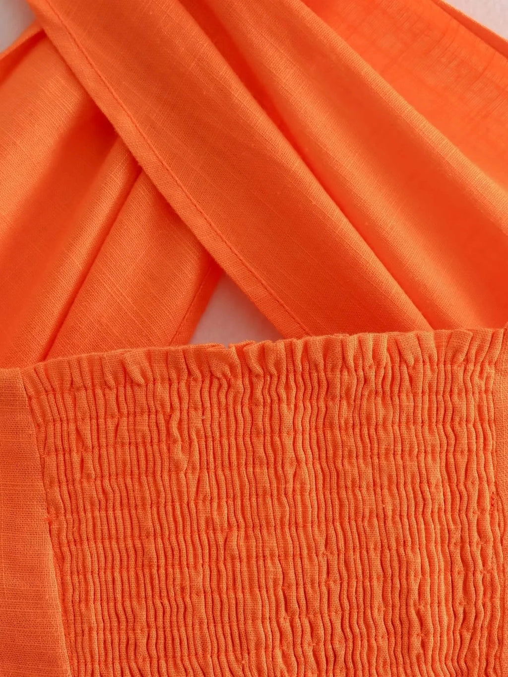 Foridol Cotton Linen Orange Ruched Crop Top Halter Sexy Backless Summer Autumn White Beach Tank Top Camis Cross Sexy Top