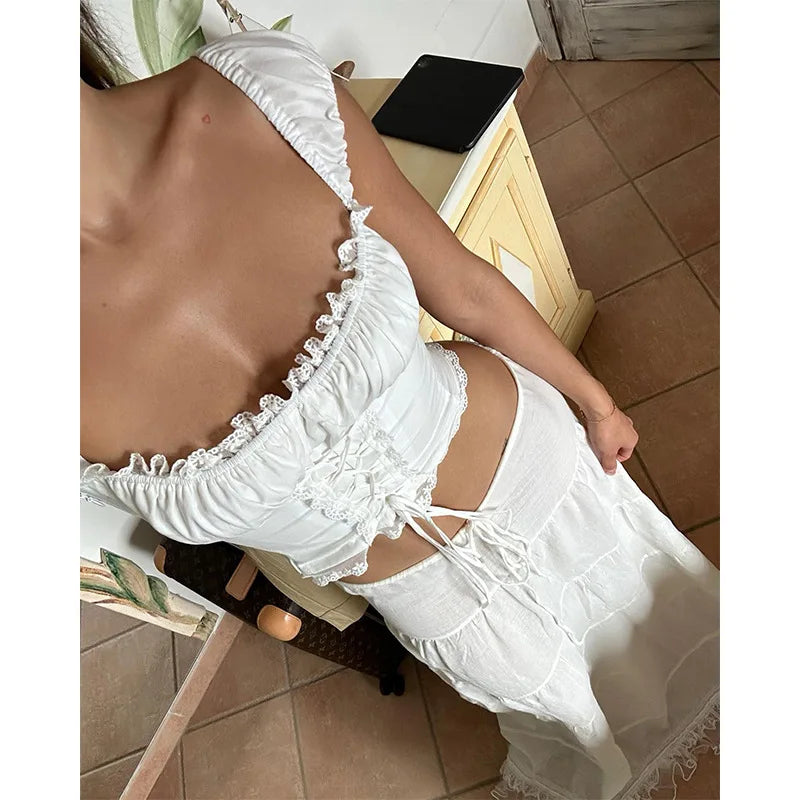 Boho Inspired dropped waist elastic white skirt women new flirty ruffled hem sexy Y2k summer skirt new cotton women maxi skirts