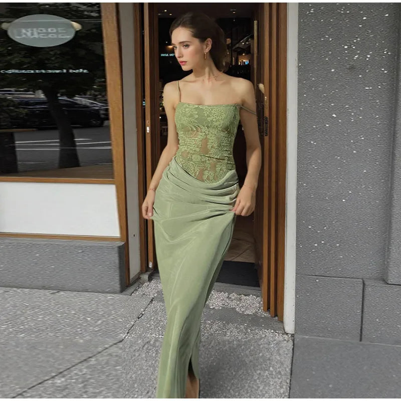 Elegant Lace Fishbone Top Long Skirt Set Women Sexy Perspective Corset Sling Tops Hip Package Skirts Sets Lady Chic Party Street