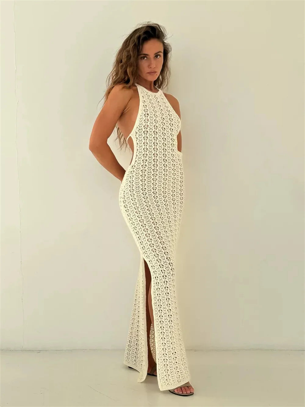 Sexy Hollow out Backless Split Long Knitted Beach Dress Strapless Halter Sleeveless Women's Dress