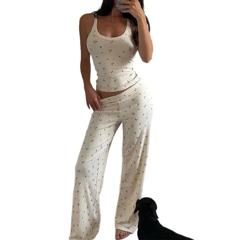 Women's Floral Ribbed Casual Loose Pants Set Sleeveless U-neck Vest Mid Waist Wide Leg Pants Home Wear