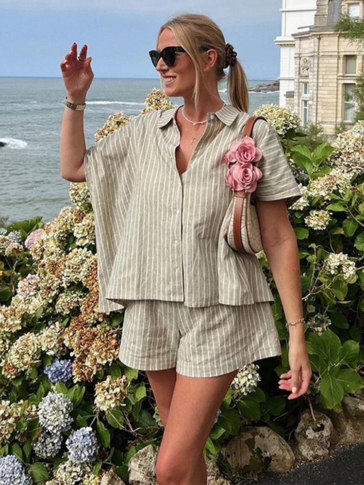 Casual Striped Lace Up Women Shorts Suits Lapel Half Sleeve Single Breasted Shirt Wide Leg Shorts 2025 Summer New Chic Lady Sets
