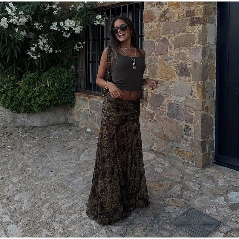 Sexy Print Asymmetric Long Skirts Women Loose High Waist Pleated A-line Skirt 2025 Summer Autumn Lady Partywear