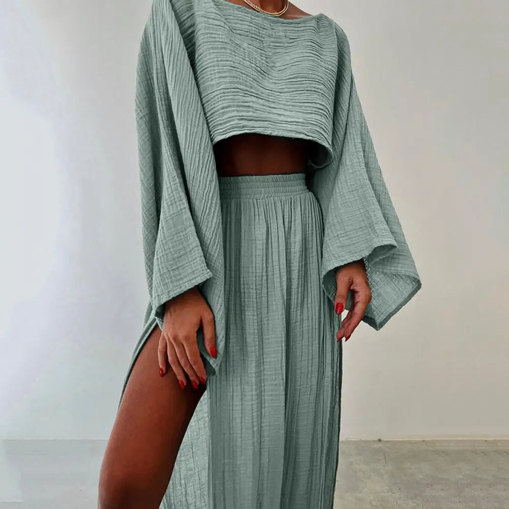 Cotton And Linen Casual Two-piece Set Summer Women's Leisure Vacation Linen High Waist Split Crop Top Skirt Bikini Coverup Set